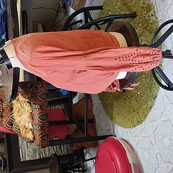 Womens Blouse Tie Front Embroidery Rustic Autumn Pumpkin spice M LOVESTITCH b46 - Picture 9 of 10